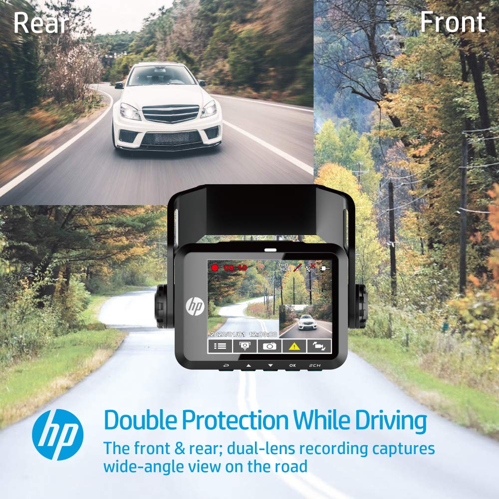 HP F660G Full HD 1080P Dash Cam Front and 720P Rear, Built-in GPS